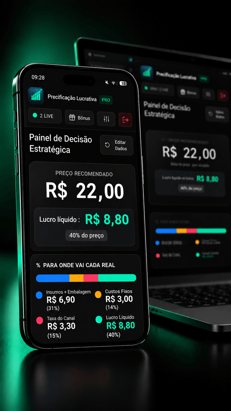 App Precificação Lucrativa aberto no celular e sincronizado no computador, mostrando o Painel de Decisão Estratégica com preço recomendado de R$ 22,00 e lucro líquido de R$ 8,80